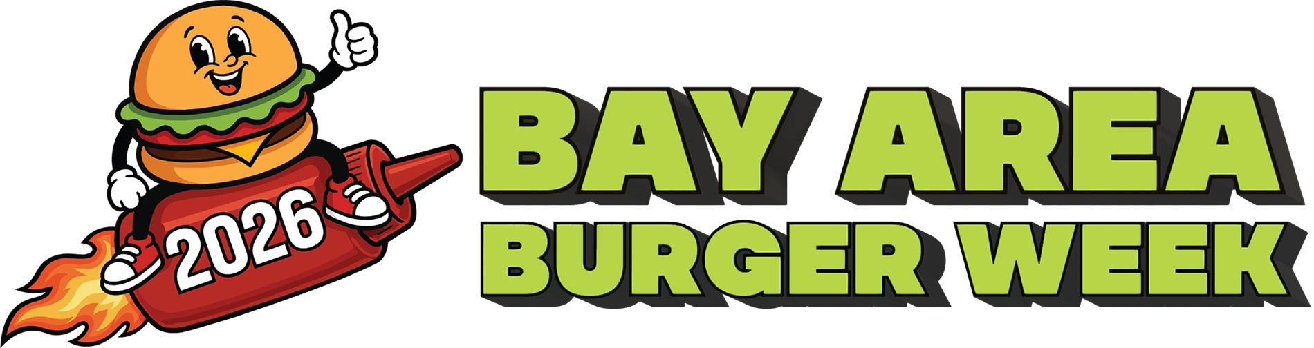 Bay Area Burger Week 2026 official logo featuring a smiling cartoon cheeseburger riding a ketchup bottle
