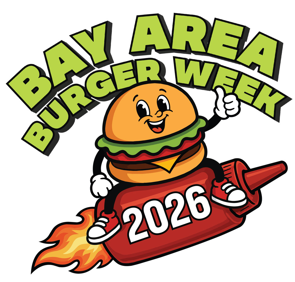 Bay Area Burger Week 2026 official logo featuring a smiling cartoon cheeseburger riding a ketchup bottle