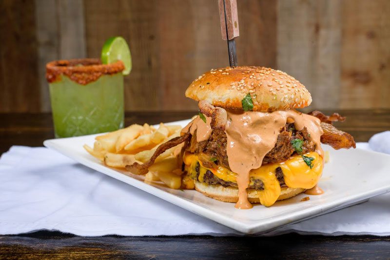 bacon birria burger, tostadas